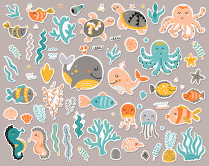 Sea animals stickers collection.