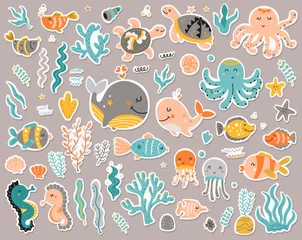 Foto op Plexiglas In de zee Sea animals stickers collection.
