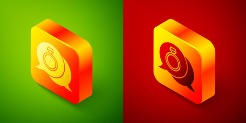 Isometric Diamond engagement ring icon isolated on green and red background. Square button. Vector.