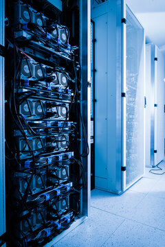 Server room with racks in internet data center