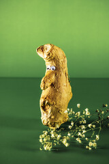 Fototapeta na wymiar Ginger in human form with puppet eyes. Green background with copy space.