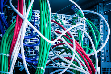 Fiber Optic cables connected to optic ports, network cables conn