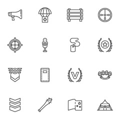 Obraz premium Military line icons set, outline vector symbol collection, linear style pictogram pack. Signs, logo illustration. Set includes icons as sniper aim, target, military rank, shelter, security shield