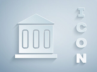 Paper cut Bank building icon isolated on grey background. Paper art style. Vector.