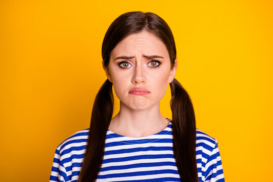 Portrait of disappointed frustrated girl have argument quarrel feel upset cry wear good look clothes isolated over vivid color background
