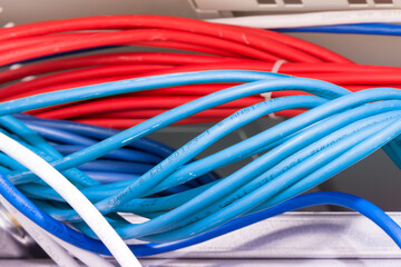 large group of UTP cables, Ethernet cables in rack cabinet
