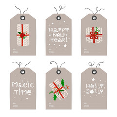 Collection of Christmas tags with gifts and holiday wishes