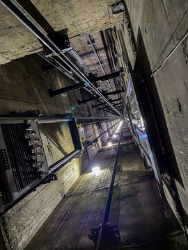 Looking up a lift (elevator) shaft in an apartment building