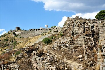 Ancient City and Ruins in Izmir during sunny day. Theatre of Dionysus, Pergamon Valley and Pergamon Library. Acropolis ancient city and theater. Izmir, Turkey