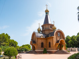 St Michael's Russian Orthodox Church. This magnificent sanctuary is Spain's first purpose-built structure of its kind. Long shot of this unique piece of wooden architecture.