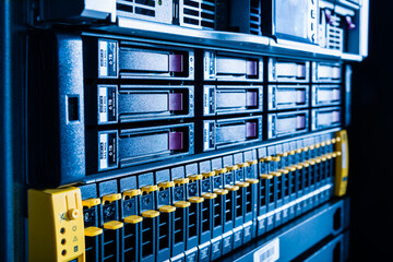 Array of data storage hard drives in internet data center