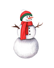 Snowman isolated on white background. Christmas watercolor illustration