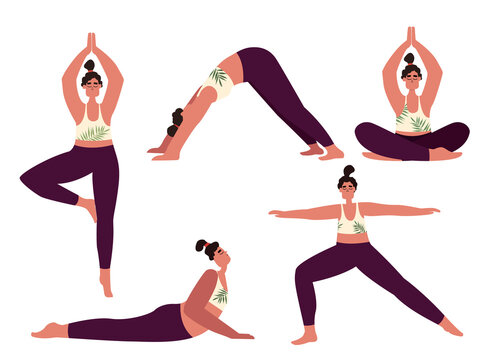 Yoga Woman Anasas Vector. Set of Girls in different fitness poses in a flat style. Vector stock illustration.