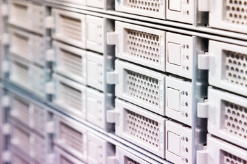 Array of data storage hard drives in internet data center