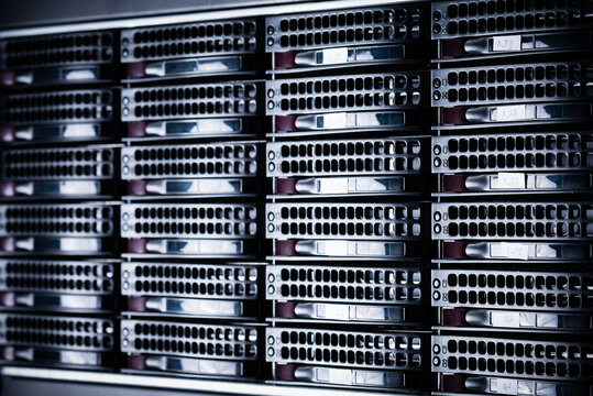 Array of data storage hard drives in internet data center