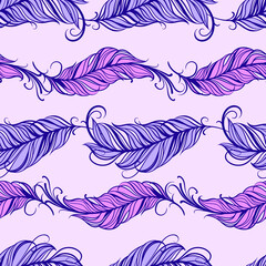 Fototapeta premium Vintage vector seamless feathers pattern. Beautiful cute pattern with feathers. Colored feathers