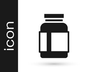 Obraz premium Black Sports nutrition bodybuilding proteine power drink and food icon isolated on white background. Vector.