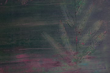 Odbity liść w farbie, namalowane abstrakcyjne tło, faktura.