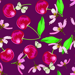 Beautiful cherries. Beautiful summer pattern with fruits and butterflies. Butterflies on cherries. Print for textile