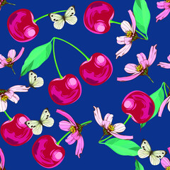 Beautiful cherries. Beautiful summer pattern with fruits and butterflies. Butterflies on cherries. Print for textile