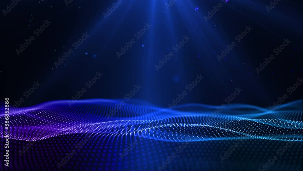 Poster digital blue particles wave flow with dust and bokeh, digital stage floor and lighting for display y