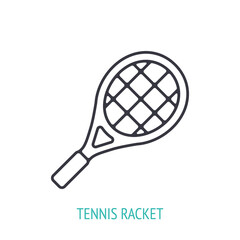 Tennis racket outline icon. Vector illustration. Sports equipment. Inventory for athletic game. Training symbol. Thin line pictogram for user interface. Isolated white background