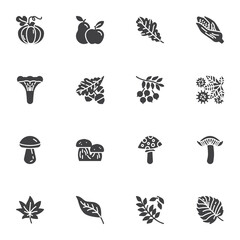 Autumn season vector icons set, modern solid symbol collection, filled style pictogram pack. Signs logo illustration. Set includes icons as pumpkin vegetable, apple fruit, mushrooms, tree leaves, corn