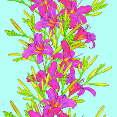 Lily flowers pattern. Tropical pattern . Vector flowers. Pattern for printing on fabric. Butterflies on the flowers. Summer pattern
