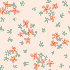 Painted ditsy floral scattered around in coral and mint green over blush pink background. Seamless vector pattern. Great for home decor, fabric, wallpaper, gift-wrap, stationery, and packaging project