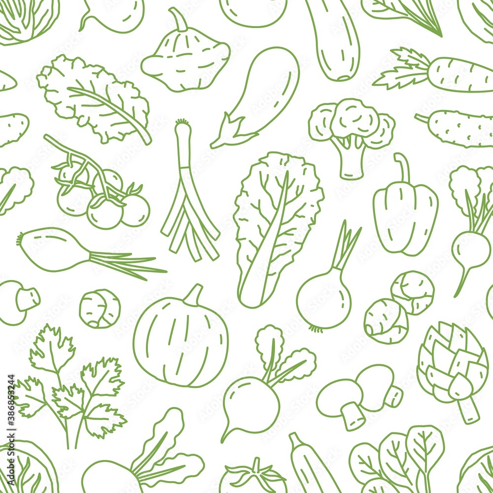 Poster monochrome line art seamless pattern with various organic vegetables. repeatable background with hea