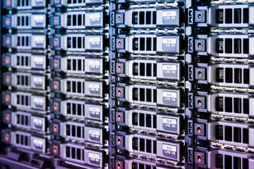 Array of data storage hard drives in internet data center