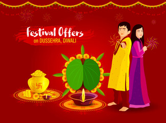 Happy Diwali, Happy Dussehra, Happy Dhanteras. Illustration having people, flowers, leaves, diya. Well decorated on plain background.
