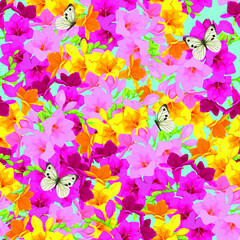 Freesia flowers pattern. Vector flowers. Pattern for printing on fabric. Butterflies on the flowers. Summer pattern