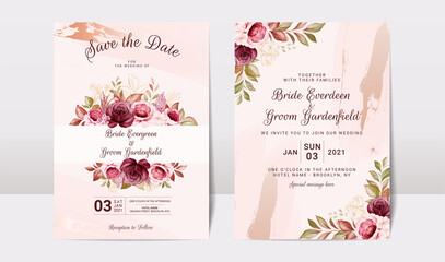 Naklejka premium Floral wedding invitation template set with gold burgundy and brown roses flowers and leaves decoration. Botanic card design concept