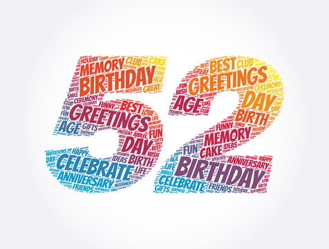 Happy 52nd birthday word cloud, holiday concept background