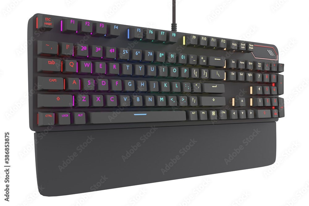 Poster black computer keyboard with rgb color isolated on white with clipping path.