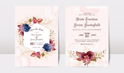 Floral wedding invitation template set with gold burgundy and brown roses flowers and leaves decoration. Botanic card design concept