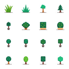 Plants and trees collection, flat icons set, Colorful symbols pack contains - green tree leaves, potted house plant, grass, spruce, conifer evergreen pine. Vector illustration. Flat style design