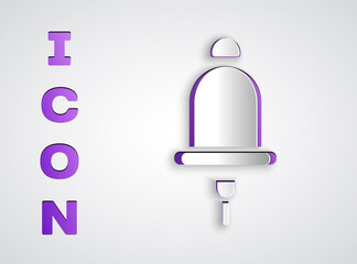 Fototapeta premium Paper cut Ringing alarm bell icon isolated on grey background. Fire alarm system. Service bell, handbell sign, notification symbol. Paper art style. Vector.