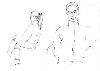 Sketches of woman sitting on a chair, front view and profile back view