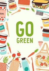 Colorful vertical frame background with different reusable eco products. Go green poster with bio sustainable bags, cups, containers, bottles and brushes. Vector illustration in flat cartoon style