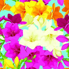 Freesia flowers pattern. Vector flowers. Pattern for printing on fabric. Butterflies on the flowers. Summer pattern