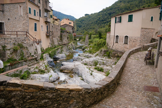 Zuccarello architectures and historical bridge, medieval town near Albenga, Liguria, Italy 