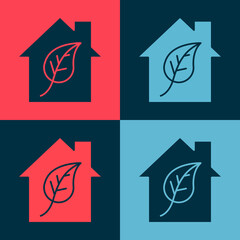 Pop art Eco friendly house icon isolated on color background. Eco house with leaf. Vector.