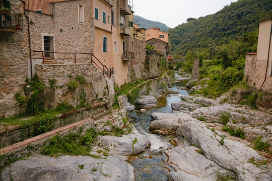 Zuccarello architectures and historical bridge, medieval town near Albenga, Liguria, Italy 