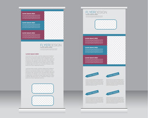 Roll up banner stand template. Abstract background for design,  business, education, advertisement.  Blue and red color. Vector  illustration.