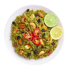 Palak Paneer Biryani isolated on white background. Palak Paneer Biryani is vegetarian indian cuisine dish with spinach, paneer cheese, basmati rice, spices, nuts and raisins. Top view