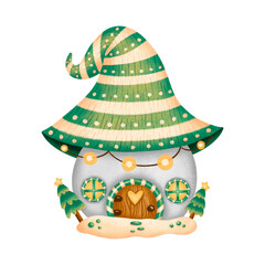 Illustration of a cute cartoon Christmas gnome house isolated on white background. Scandinavian green and gray fairy house. Christmas gingerbread house.