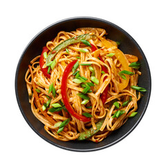 Vegetarian Schezwan Noodles or Vegetable Hakka Noodles or Chow Mein isolated on white background....