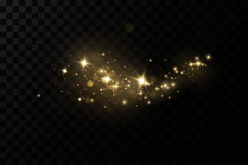 Glow light effect.  Vector sparkles on a transparent background. Christmas light effect. Sparkling magical dust particles.The dust sparks and golden stars shine with special light.